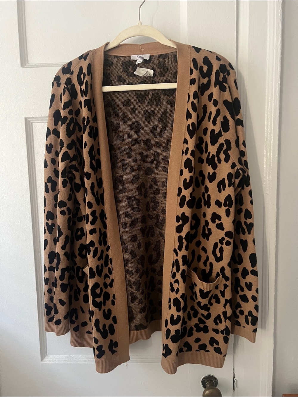 Kim Rogers Camel and Black Leopard Open-Front Cardigan